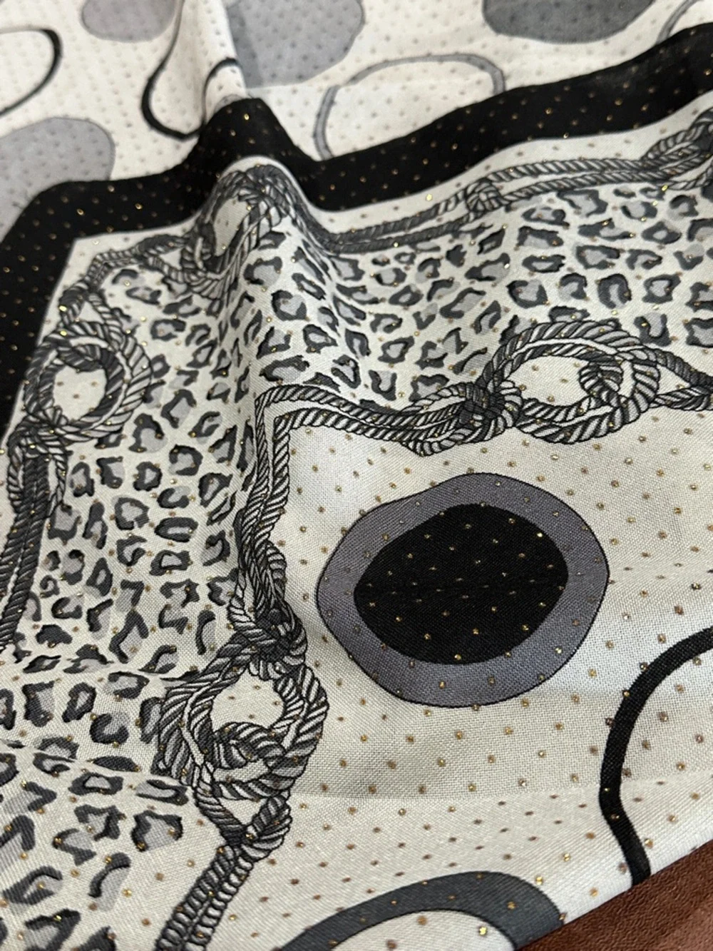 Black Gray Ivory Large Square Foulard Scarf Gold Metallic Dot Sheer Wrap 41”